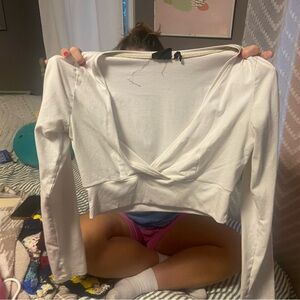 Urban Outfitters White Long Sleeve Wrap Crop Blouse